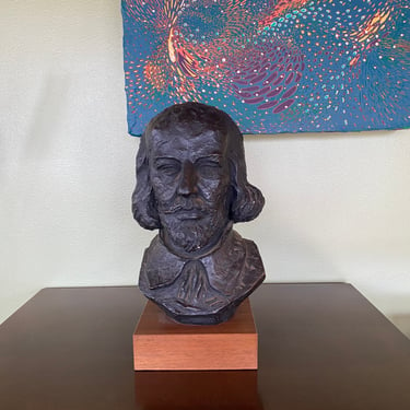 Midcentury Modern Plaster Black Bronze Sculpture of William Shakespeare on solid walnut base, by Austin Products, ca. 1965 