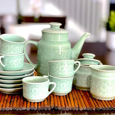 VINTAGE: Celadon Glaze Ceramic Tea set - Cups, Saucers, Teapot, Cramer Bowl, Sugar Bowl - Asian Tea Set - SKU 31-C-00032251 