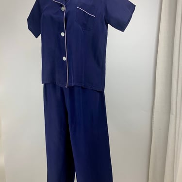 1950'S Pajama Lounge Set - - All RAYON - Navy Blue Fabric with White Cording - GOLD CRAFT - Wide Legged Bottoms - Size Small - 27 inch Waist 