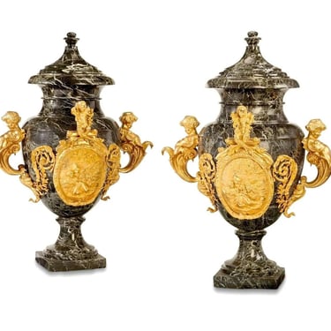 4.7' ft Tall Huge Beatiful Pair of Late 19th Century Marble Gilt-Bronze Floor Urns