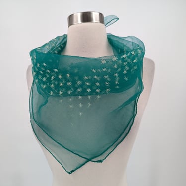 Vintage Green Chiffon Scarf with Screen Printed Stars 