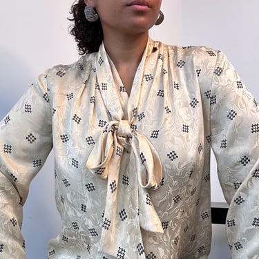 90s Cream Silk Blouse | Rose Print Blouse | Pussy Bow Blouse | Button Up Silk Blouse | Buttercream Silk Blouse | Geometric Print  XL Size 14 