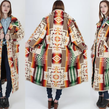 Southwestern Wool Blanket Jacket, Chief Joseph Print, Long Native American Rancher Coat, Vintage Mens Womens Unisex Duster 