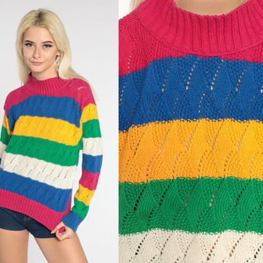 Striped Sweater 90s Multicolor Knit Pullover Sweater Retro Rainbow Mockneck Cotton Pointelle Colorful 1990s Vintage Liz Claiborne Medium M 