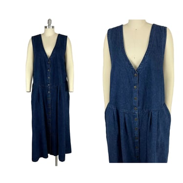 Plus Size 80s Denim Jumper Dress 3X, Sleeveless Button Front Maxi Pinafore Long Jean Dress with Pockets 1980s Clothes Women Vintage Size 22W 