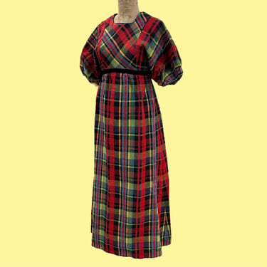 Vintage Handmade Dress Retro 1970s Mid Century Modern + No Size + Plaid + Maxi Length + Puff Sleeves + Empire Waist + Womens Holiday Apparel 