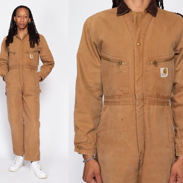36R 70s Carhartt Made In USA Insulated Coveralls | Vintage Tan Canvas Quilt Lined Workwear Zip Front Snowsuit Jumpsuit 