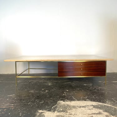 Paul McCobb Irwin Collection Brass and Travertine Coffee Table for Calvin Furniture