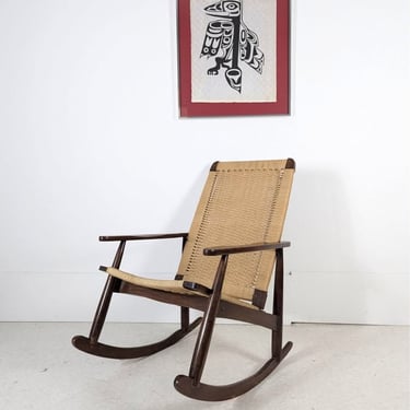 MCM Vintage Hans Wegner Style Walnut & Rope Corded Rocker