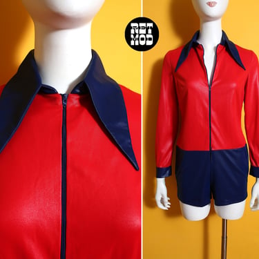 SEXY Vintage 70s Red Blue Wet Look Collared Hot Pants Romper 