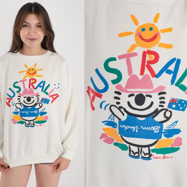 Australia Koala Sweatshirt 90s Ken Done Art Land Down Under Australian Wildlife Sun Graphic Shirt White Crewneck Vintage 1990s Medium M 