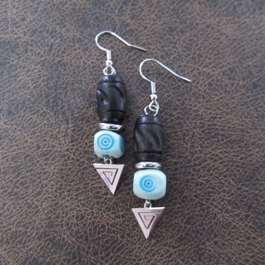 Carved bone and silver earrings, blue 2 