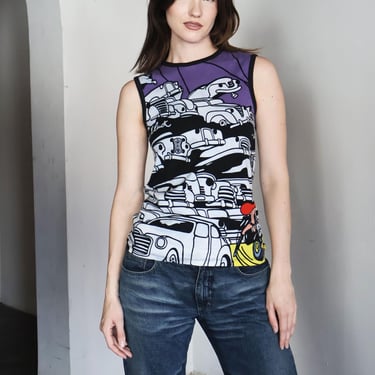 Rare Vintage CELINE Cartoon Car Muscle Tee in Purple + White with Monogram Macam Logo sz S M L Y2K 2000s Moto 