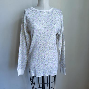 Vintage 1980s Floral Waffle Knit Thermal Top / XS 