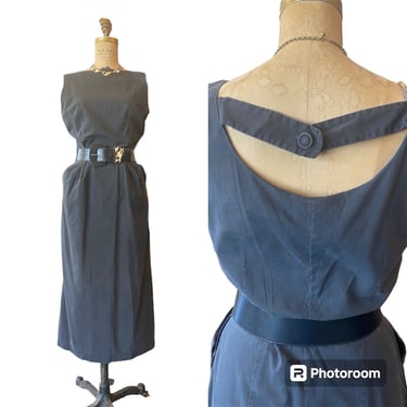 1950s wiggle dress, charcoal gray cotton, vintage 50s dress, pencil skirt, open back, medium, 28 waist, mrs maisel style, classic 