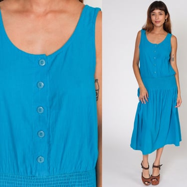 Blue Sundress 80s Midi Dress Sleeveless Button up Day Dress Retro Smocked Elastic Waist Simple Summer Pleated Sun Vintage 1980s Medium M 