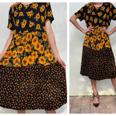 90's Sunflower Dress / Midi Panel Crinkle Rayon Dress / 90's Flower Dress / Summertime Dress / Little Easy Dress 