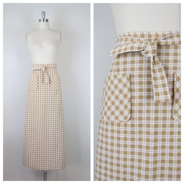 Vintage 1970s maxi skirt, wrap, gingham, cottage style, pockets, casual 
