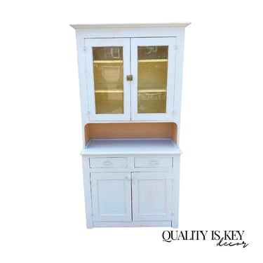 Antique Country Farmhouse White Painted 2 Piece Step Back Hutch Kitchen Cupboard