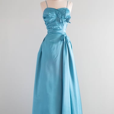 Glamorous 1950's Cerulean Satin Evening Gown From Lord & Taylor / Small