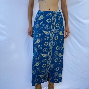 Rayon Wrap Skirt / Ralph Lauren Nautical Novelty Printed Skirt / Blue 1990's Vintage Skirt / Boating Sailing Anchor Water Buoy Print 