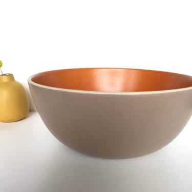 Vintage Heath Ceramic 10" Serving Bowl in French Grey and Persimmon, Edith Heath Large Coupe Line Fruit Bowl 