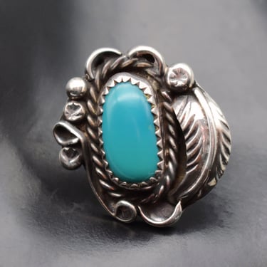 80's Fannie Chavez Platero sterling turquoise lapel pin, P FNE Navajo Southwestern 925 silver leaf collar hat pin 