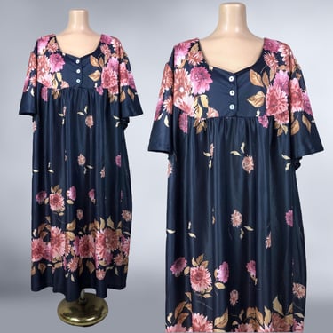 VINTAGE 1980s Chrysanthemum Floral Kaftan House Dress with Pockets | 80s Plus Size 4X Caftan | VFG 