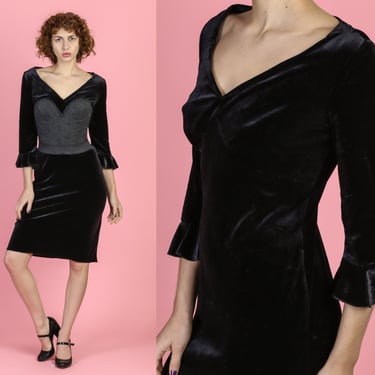 90s Velvet V Neck Ruffle Sleeve Dress - Medium | Vintage Gothic Grunge Knee Length Fitted Little Black Dress 