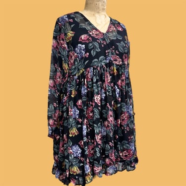 Vintage Dress Retro 1990s Nostalgia + Size Small + 100% Rayon + Babydoll + Tunic + Floral + Grunge + Sheer + Made in India + Womens Apparel 