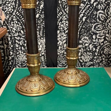 PAIR OF VINTAGE AGED BRASS &amp; BLACK CANDLE HOLDERS | 9.5&quot; H X 4&quot; W