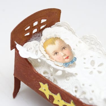 Vintage Blumchen German Baby Scrap in Cradle, Dresden Stars, Paper Lace 