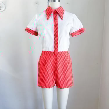 Vintage 1970s Red & White Romper / Playsuit // M 