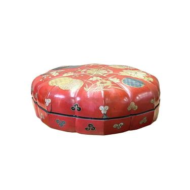 Vintage Distressed Pink Red Lacquer Round Box w Porcelain plates ws2253E 