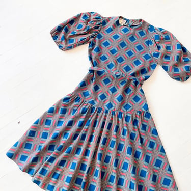 1980s Blue + Red Plaid Belted Puff Sleeve Dress 