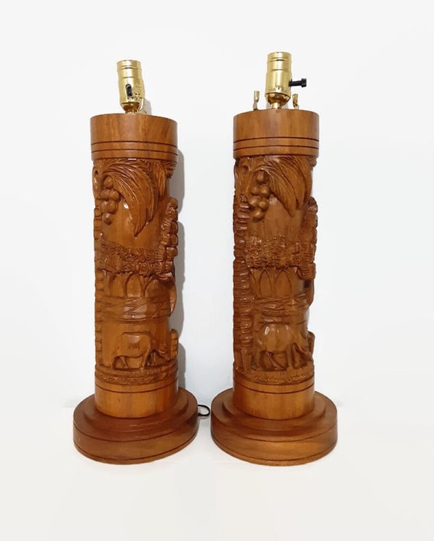 Mid Century Hand Carved Polynesian Table Lamps
