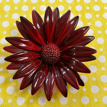 vintage daisy brooch 1960s dark red enamel flower pin 
