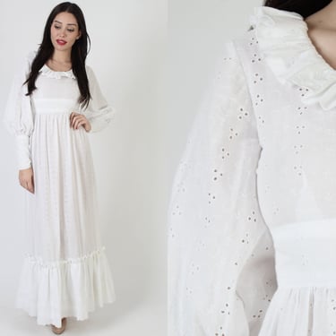 Plain White Embroidered Eyelet Maxi Dress / Vintage 70s Simple Floral Garden Prairie Gown 