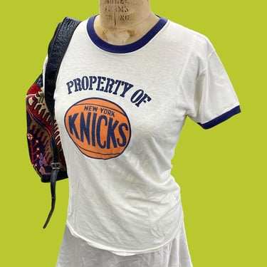 Vintage Property of New York Knicks Basketball T-Shirt Retro 1970s No Size + Unisex + White Cotton + S/S + Pullover + Blue Ringer + Sports T 