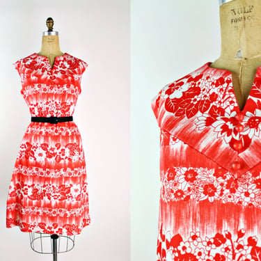 70s Red Floral Hawaiian Mini Dress / Red and White Dress / Summer Dress / 60s Mod hawaiian Dress / Size M/L 
