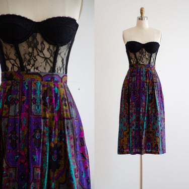 purple midi skirt 80s vintage jewel tone patterned skirt 