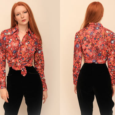 Vintage 1970s Salmon Pink Psychedelic Floral Daisy Print Button Up Long Sleeve Blouse Top 