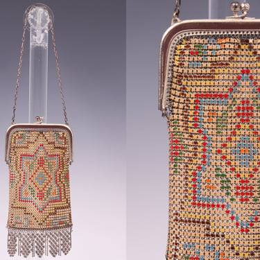Vintage 1920's Whiting & Davis Multicolored Handbag • 20's Designer Deco Mesh Purse 