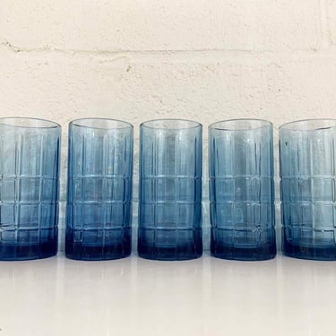 Vintage Anchor Hocking Tartan Tall Glassess Set of Five Barware Bar Blue Glass Plaid 1960s 
