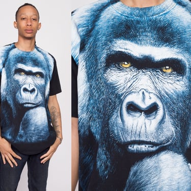 90s Gorilla All Over Print T Shirt - Men's XL | Vintage Black Big Graphic Animal Tee 