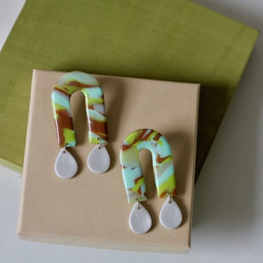 Marbled Statement Earrings / Arch Dangle Earrings / Polymer Clay and Resin 