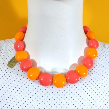 Fabulous Deadstock Vintage 60s 70s Orange & Coral Pink Chunky Statement Necklace 