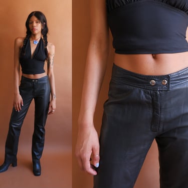 Vintage 90s KORS Black Leather Pants/ 1990s Michael Kors Low Rise Straight Leg/ Size Small Medium 