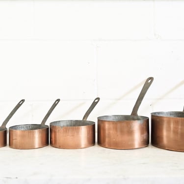 graduated set of 5 vintage french copper pots