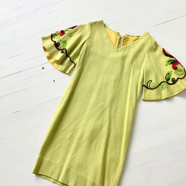 1960s Lime Green Linen Dress with Embroidered Bell Sleeves 